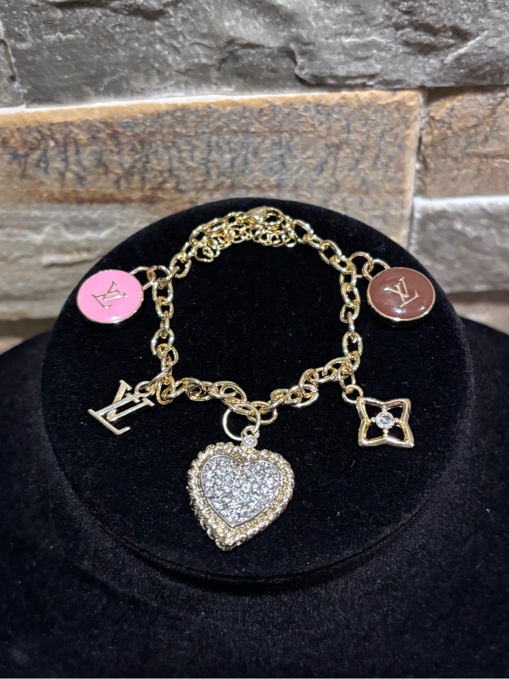 Gold Charm Bracelet with LV logo & Pink and Brown Enamel Discs